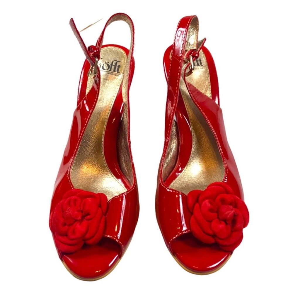 Sofft 8M red patent leather felt flower peep toe rattan bottom 4 inch heel